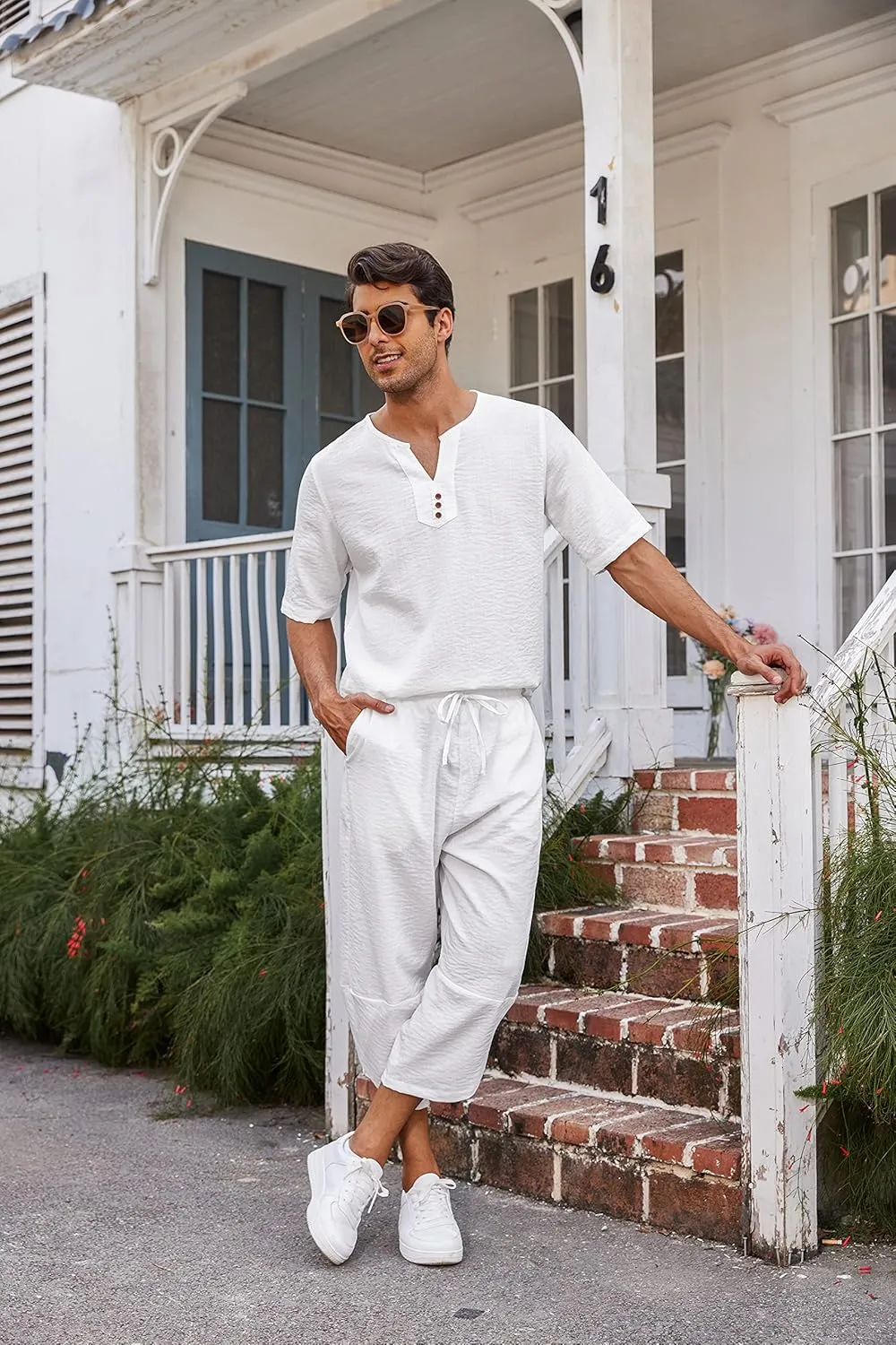 COOFANDY Men's 2 Pieces Linen Set Henley Shirt Short Sleeve and Harem Capri Pants Wide Leg Baggy Beach Yoga Trousers Outfits