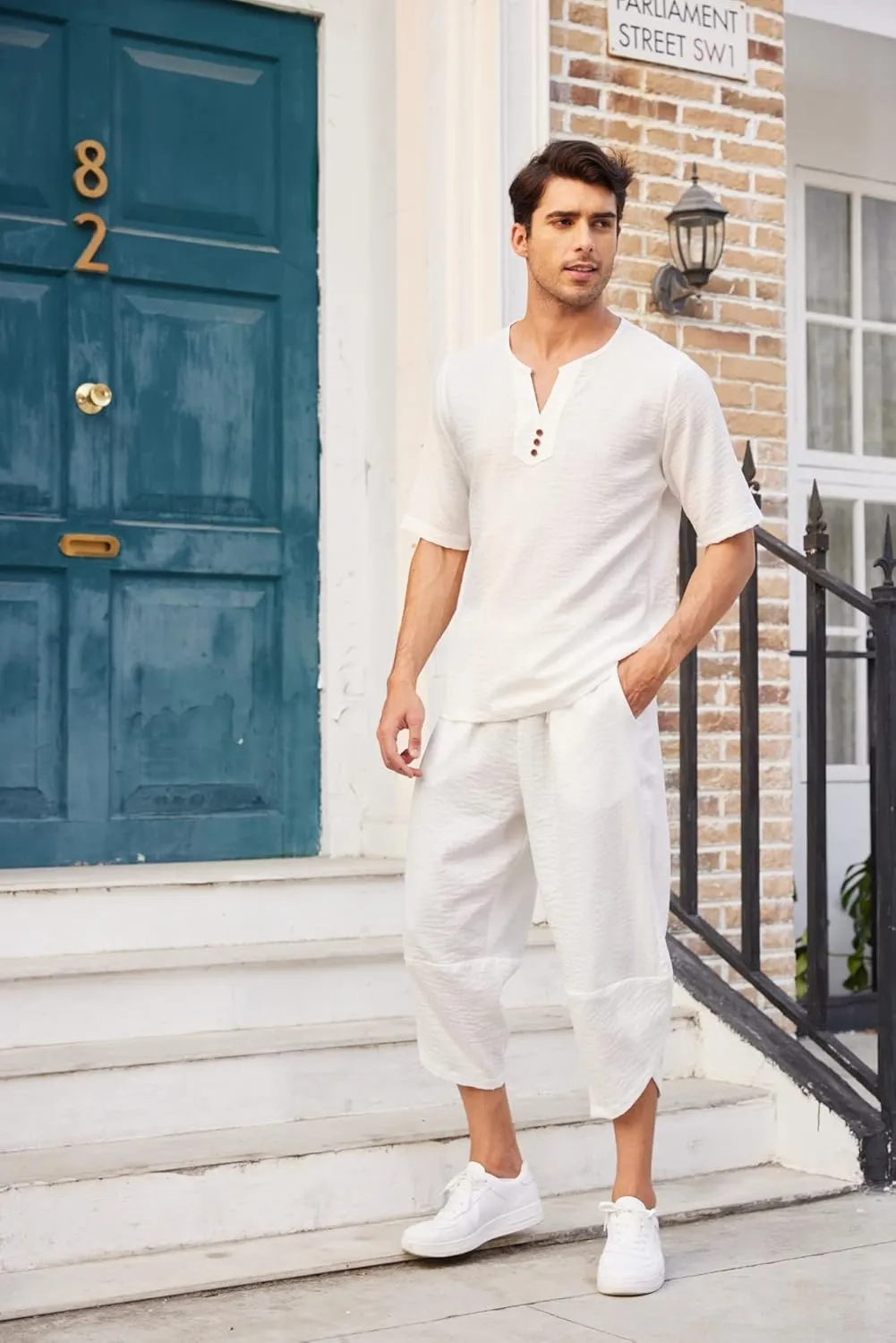 COOFANDY Men's 2 Pieces Linen Set Henley Shirt Short Sleeve and Harem Capri Pants Wide Leg Baggy Beach Yoga Trousers Outfits