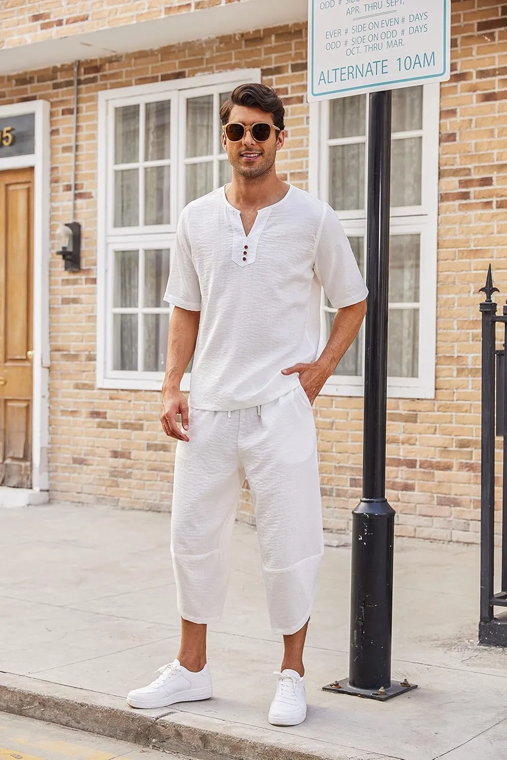 COOFANDY Men's 2 Pieces Linen Set Henley Shirt Short Sleeve and Harem Capri Pants Wide Leg Baggy Beach Yoga Trousers Outfits