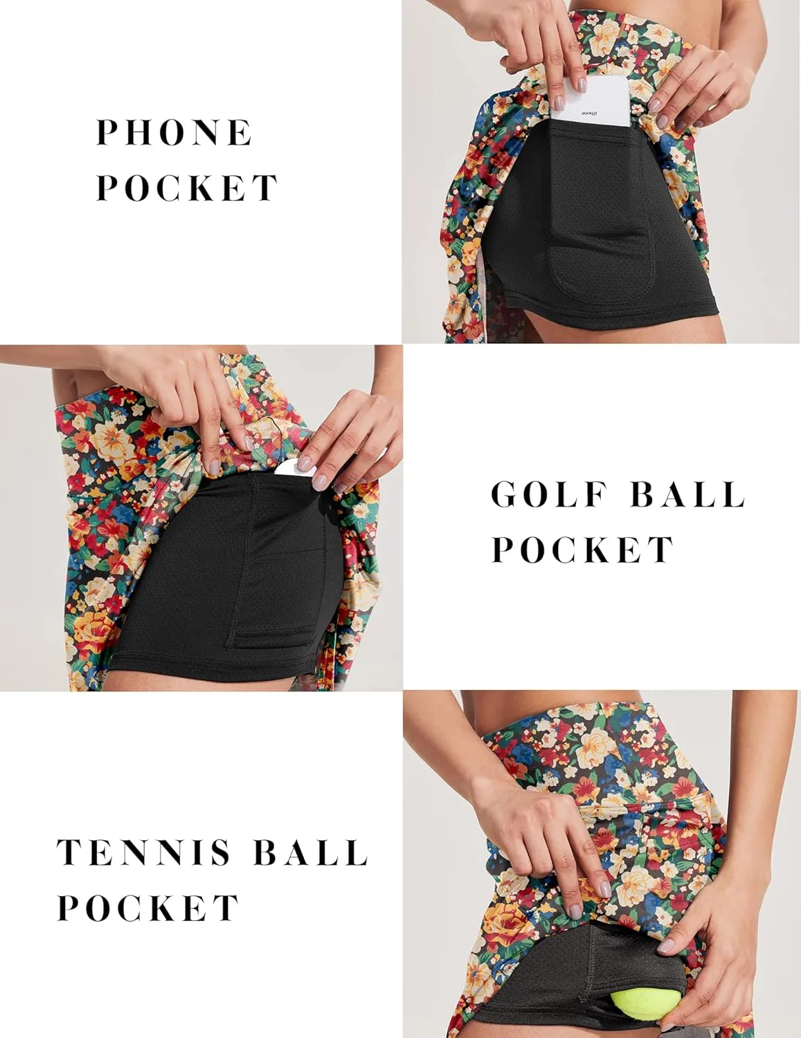 COOrun 18" Tennis Skirt Knee Length High Waist Skorts Skirts for Women Golf Pleated Built-in Shorts Skirts with Pockets