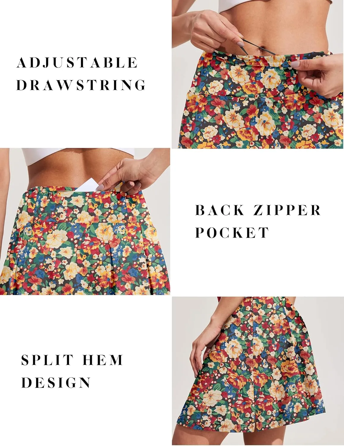 COOrun 18" Tennis Skirt Knee Length High Waist Skorts Skirts for Women Golf Pleated Built-in Shorts Skirts with Pockets