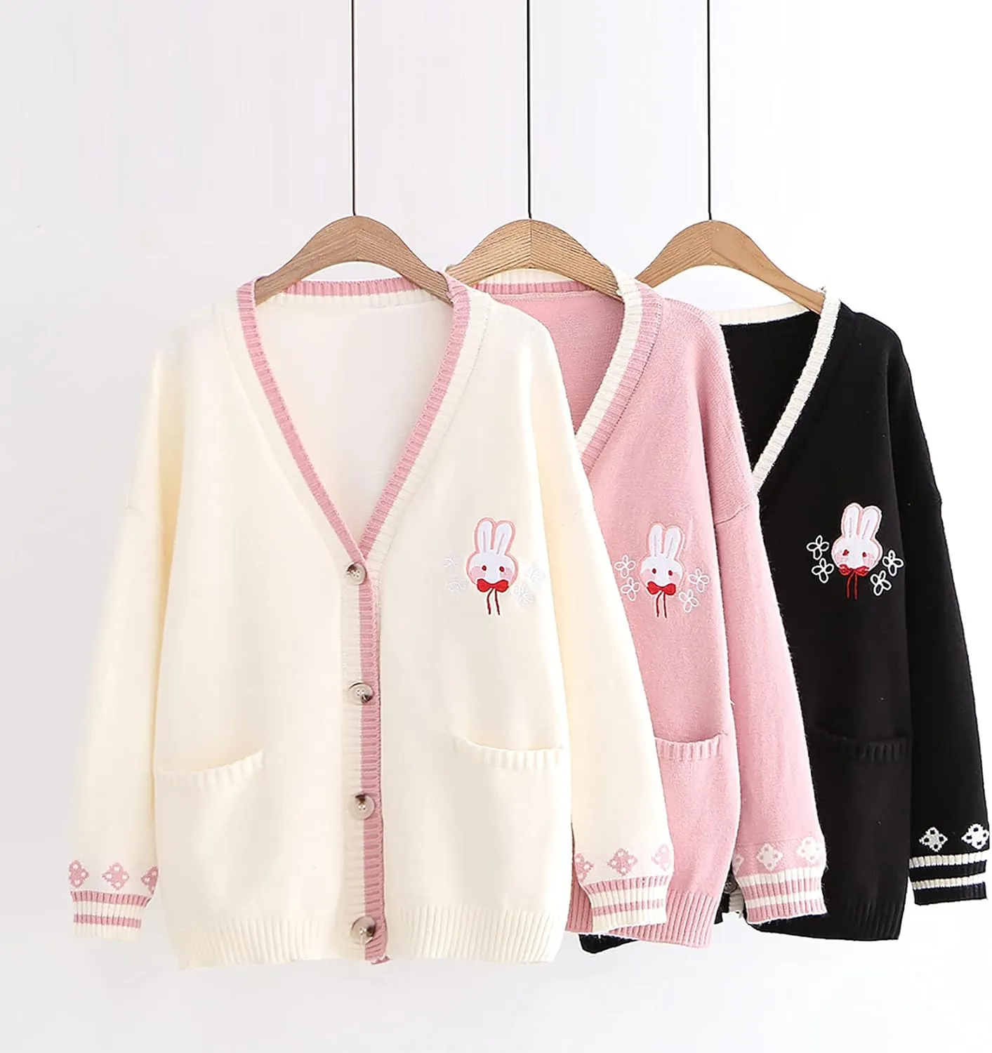 CORIRESHA Cute Rabbit Embroidered Cardigan Sweater Patchwork Button Knit Outwear with Pockets