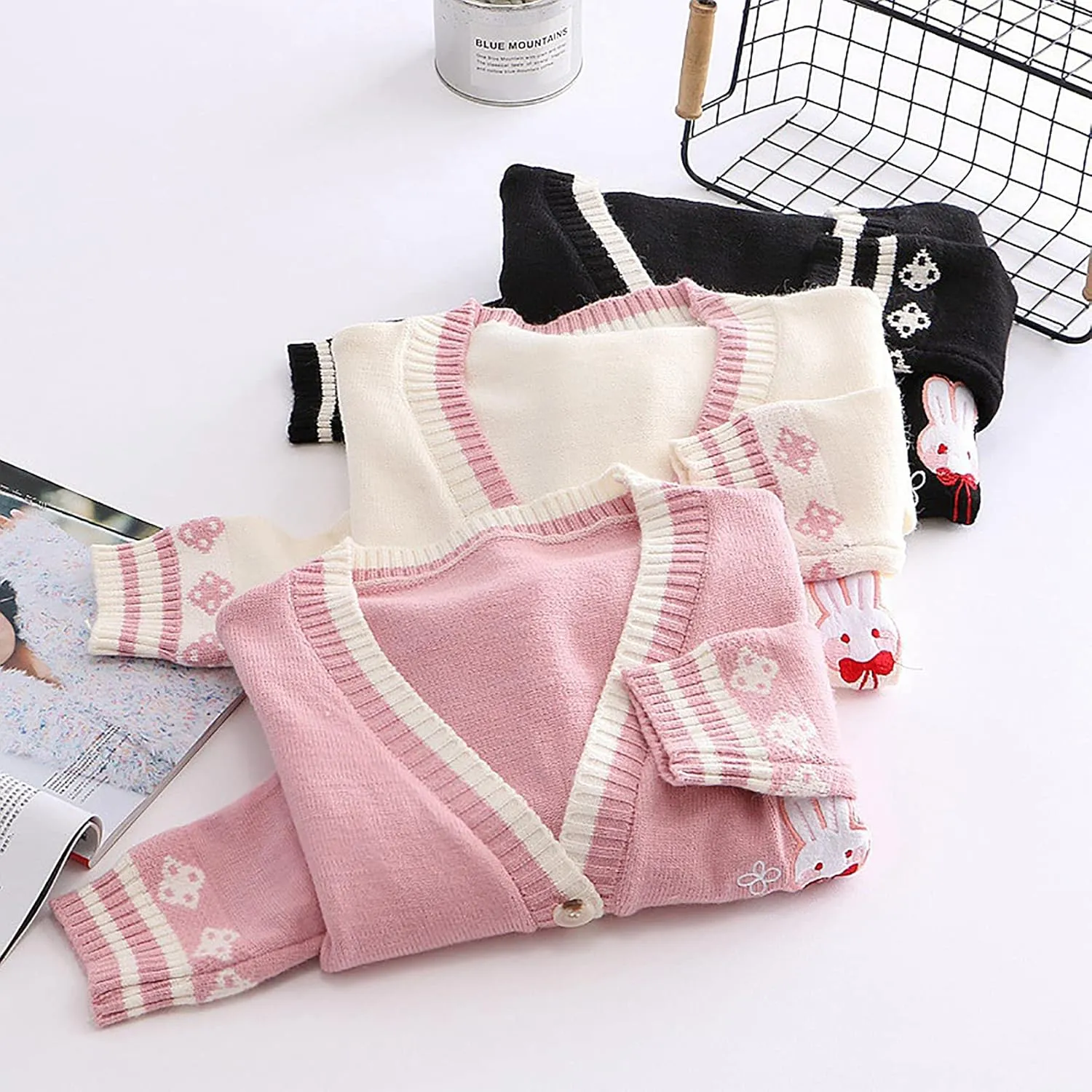 CORIRESHA Cute Rabbit Embroidered Cardigan Sweater Patchwork Button Knit Outwear with Pockets