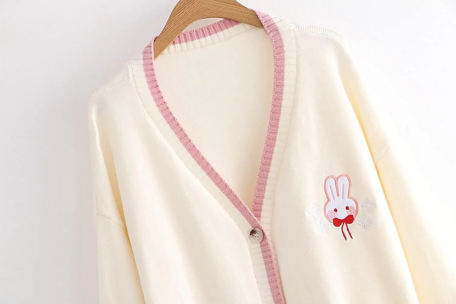 CORIRESHA Cute Rabbit Embroidered Cardigan Sweater Patchwork Button Knit Outwear with Pockets