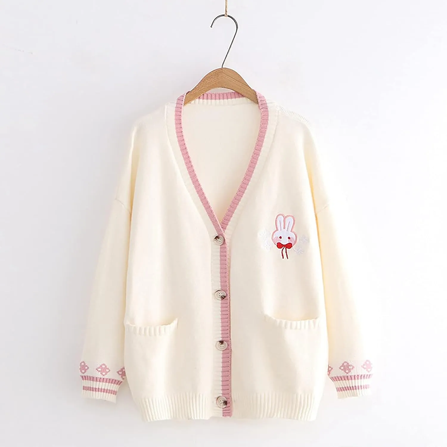 CORIRESHA Cute Rabbit Embroidered Cardigan Sweater Patchwork Button Knit Outwear with Pockets