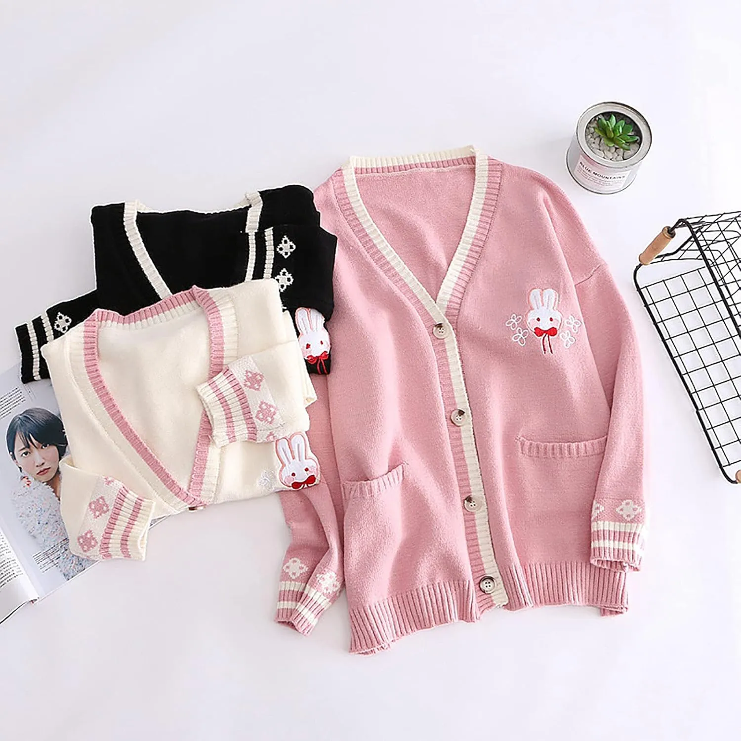 CORIRESHA Cute Rabbit Embroidered Cardigan Sweater Patchwork Button Knit Outwear with Pockets