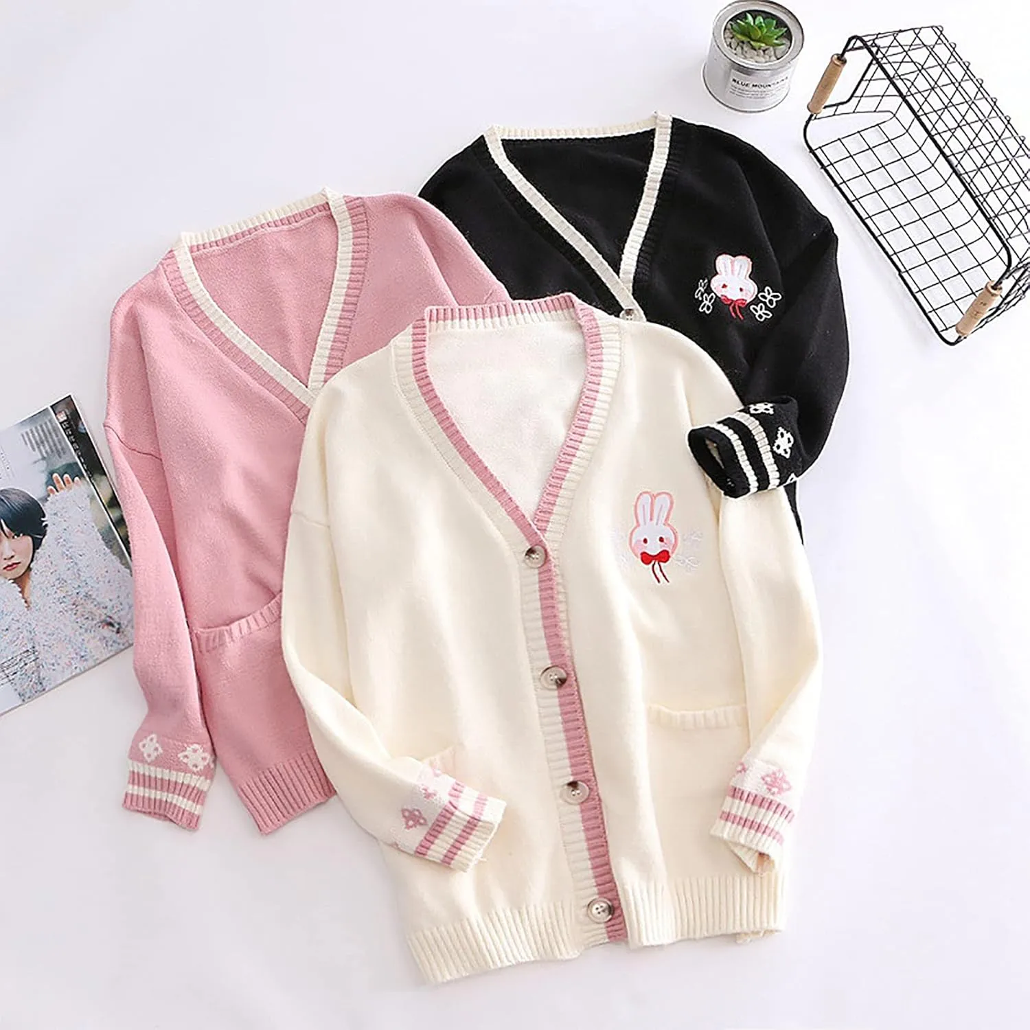 CORIRESHA Cute Rabbit Embroidered Cardigan Sweater Patchwork Button Knit Outwear with Pockets