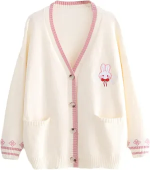 CORIRESHA Cute Rabbit Embroidered Cardigan Sweater Patchwork Button Knit Outwear with Pockets
