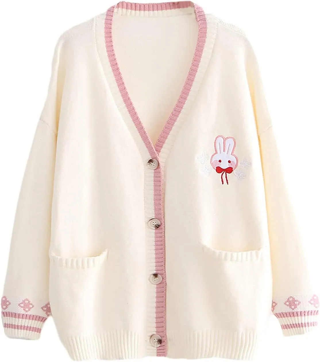 CORIRESHA Cute Rabbit Embroidered Cardigan Sweater Patchwork Button Knit Outwear with Pockets