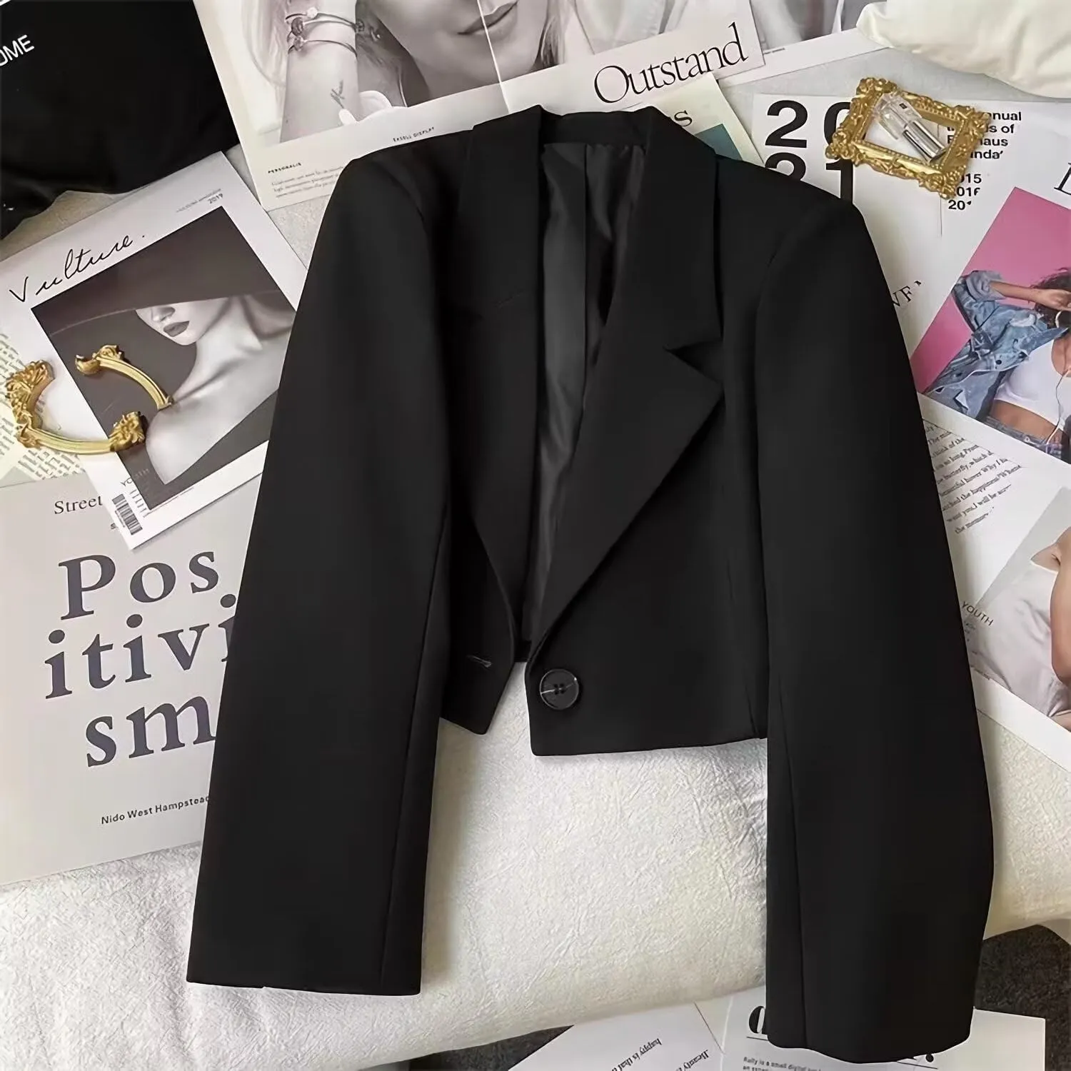 Cropped Blazer for Women Trendy Petite Jacket Dressy Casual Long Sleeve Work Office Crop Top JNZJK005