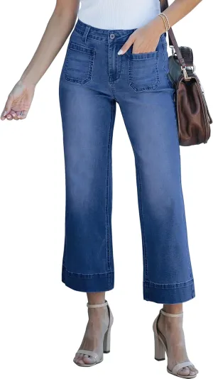 Cropped Jeans for Women Wide Leg High Waisted Denim Pants Trendy
