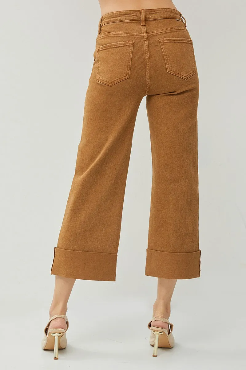 Curvy High Rise Wide Cuffed Jeans in Cappuccino