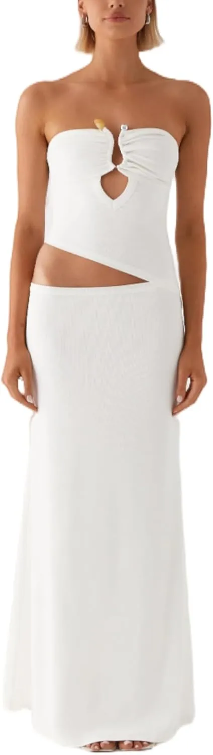 Cut Out Maxi Tube Dresses for Women Sexy Y2k Strapless Backless Bodycon Long Dress Summer Sleeveless Hollow Sundress