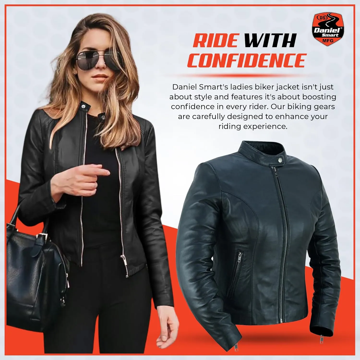 Daniel Smart Women Motorcycle Jacket Lambskin Motorcycle Leather Jacket with Scooter Collar Design & Multipurpose Pockets