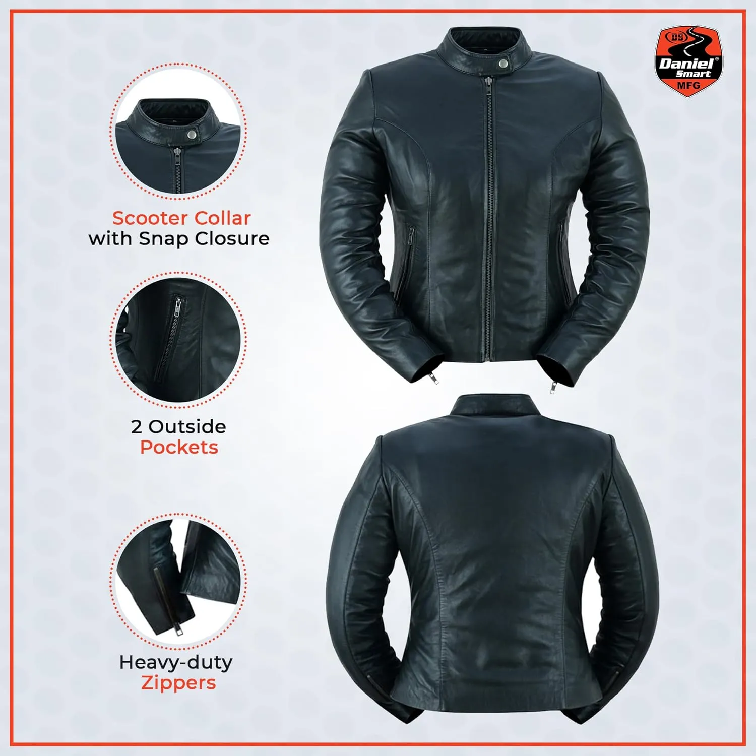 Daniel Smart Women Motorcycle Jacket Lambskin Motorcycle Leather Jacket with Scooter Collar Design & Multipurpose Pockets