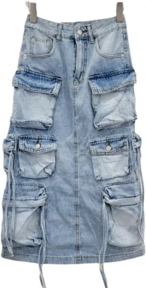 Denim Skirt Women Fashion High Waisted Back Split Jean Skirt Cargo Midi Skirt with Multi Pockets