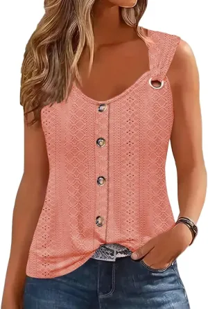 Disamer Tank Tops for Women 2025 Vacation Summer Spring Outfits Lace V Neck Button Down Loose Fit Sleeveless T Shirts