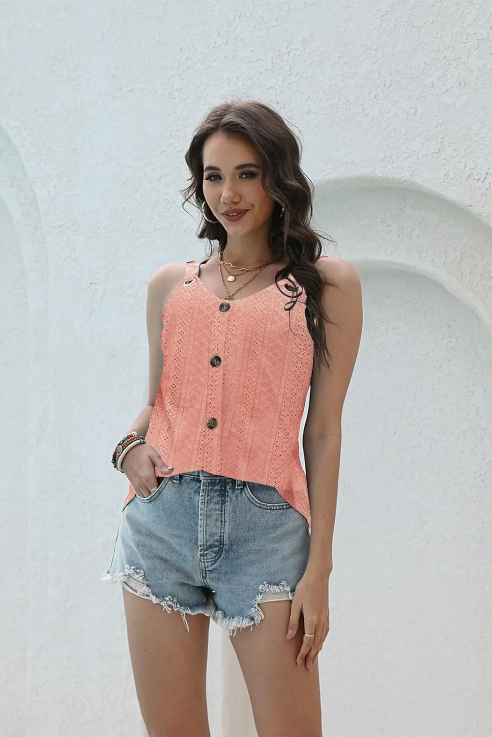 Disamer Tank Tops for Women 2025 Vacation Summer Spring Outfits Lace V Neck Button Down Loose Fit Sleeveless T Shirts