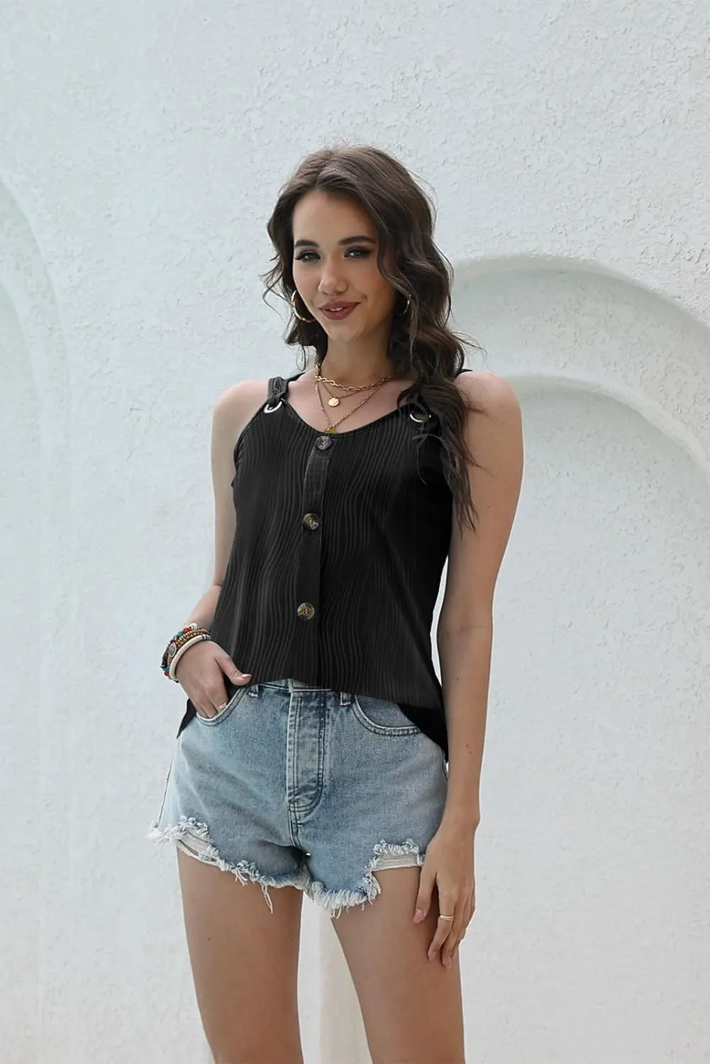 Disamer Tank Tops for Women 2025 Vacation Summer Spring Outfits Lace V Neck Button Down Loose Fit Sleeveless T Shirts
