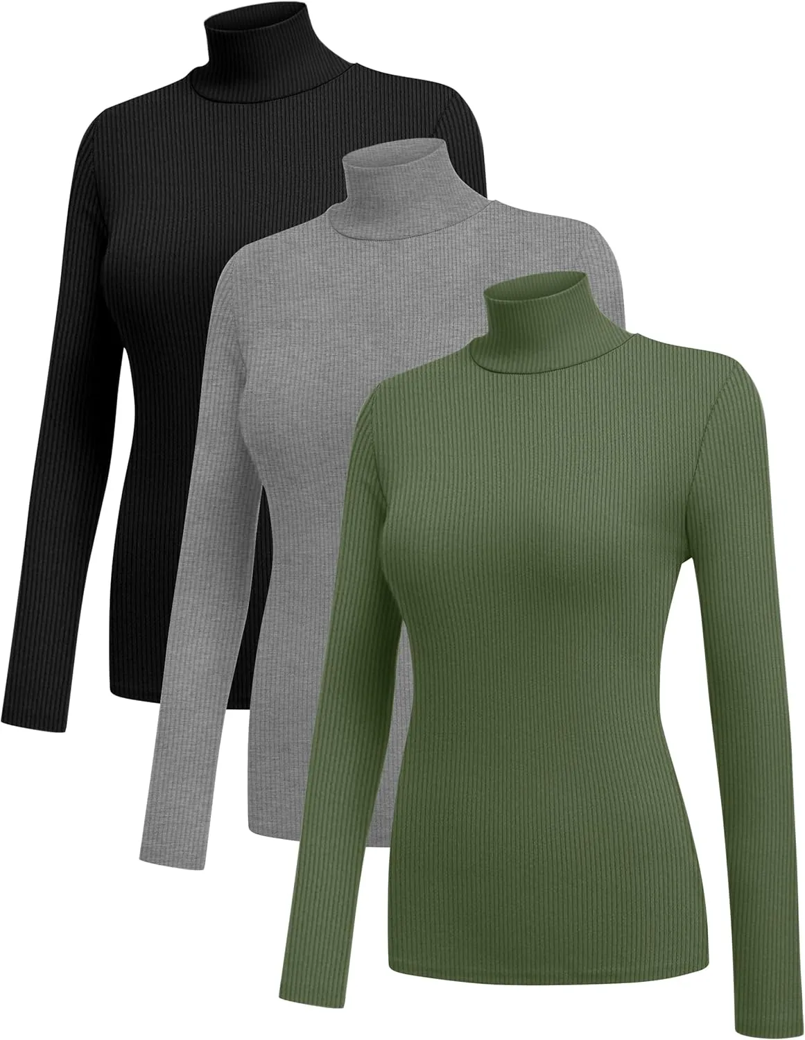 Ekouaer Women 3 Pack Turtleneck Shirts Ribbed Thermal Underwear Tops Lightweight Long Sleeve Layer Tees Basic Pullover Blouse