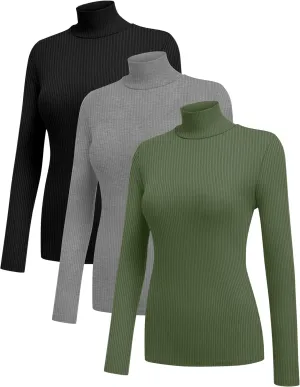 Ekouaer Women 3 Pack Turtleneck Shirts Ribbed Thermal Underwear Tops Lightweight Long Sleeve Layer Tees Basic Pullover Blouse