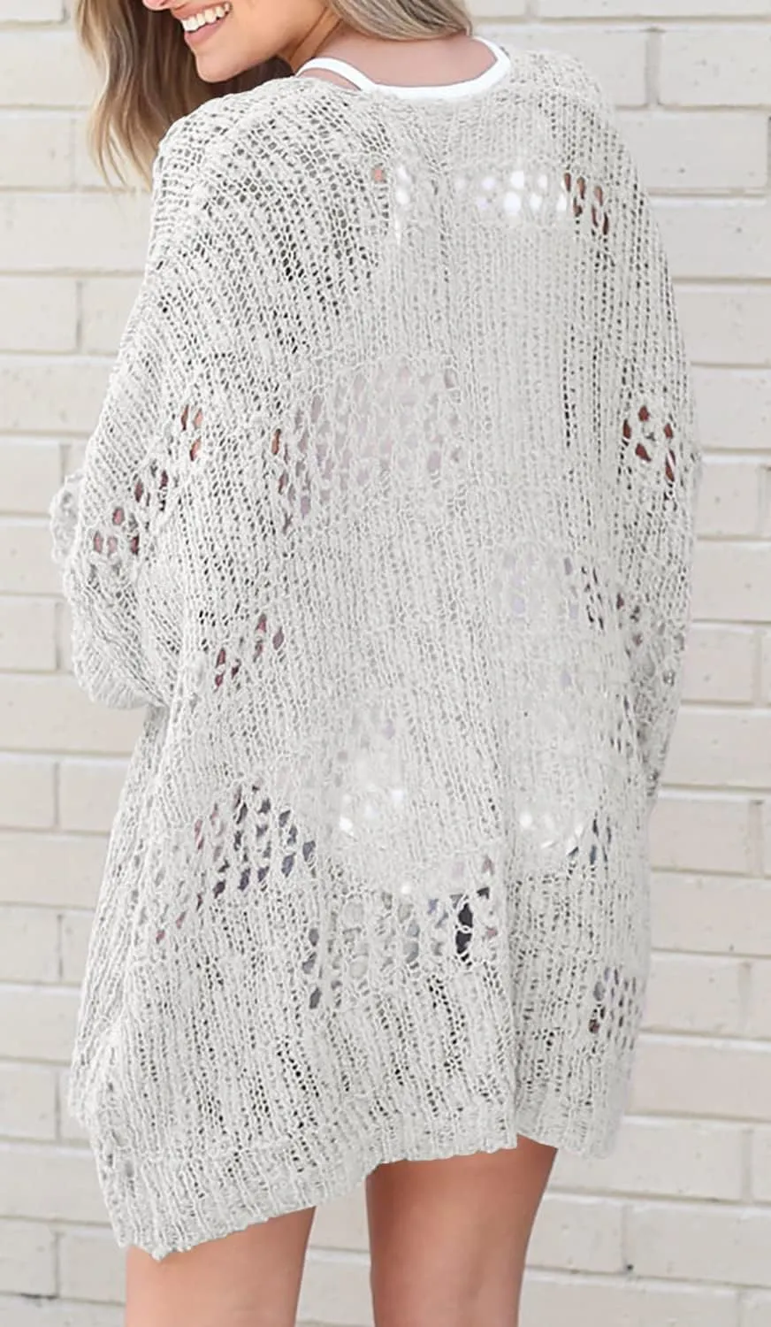 Ermonn Womens Crochet Cardigan Sweater Kimonos Boho Solid Color Oversized Fall Open Front Outwear