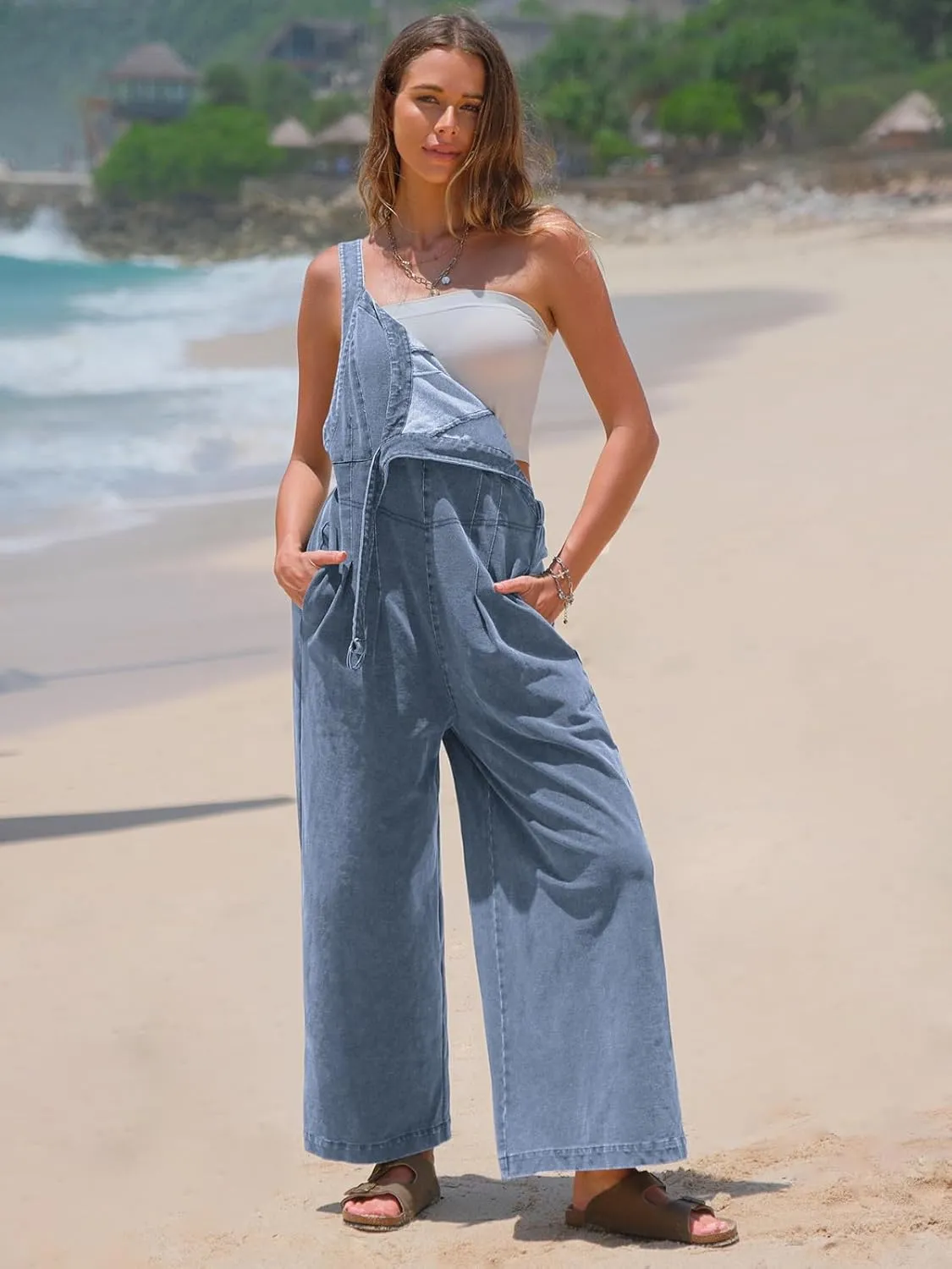 EXLURA Women Summer Overalls Denim Loose Fit Wide Leg Bib Jumpsuits Casual Adjustable Baggy Jeans Romper with Pockets 2025