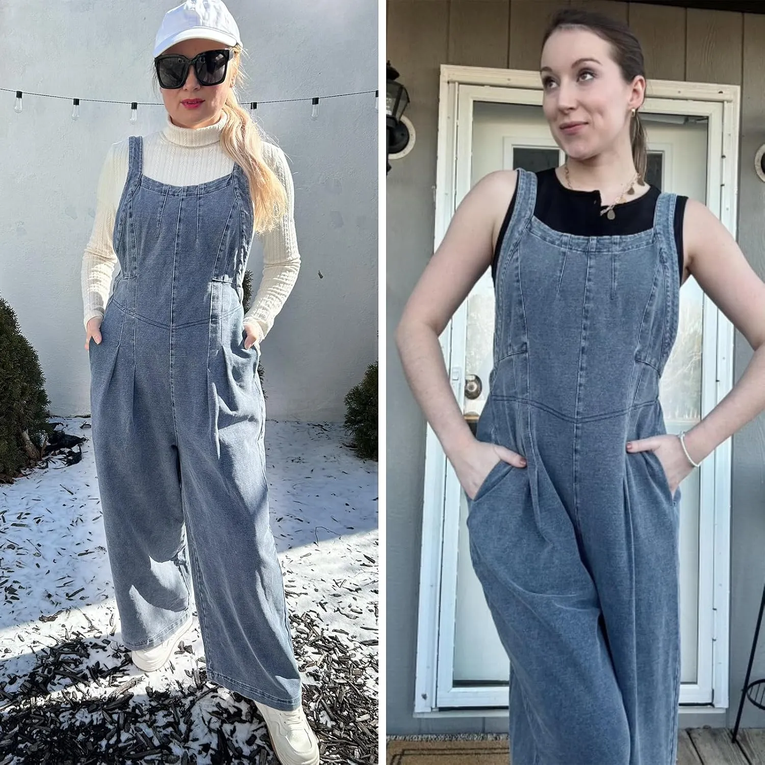EXLURA Women Summer Overalls Denim Loose Fit Wide Leg Bib Jumpsuits Casual Adjustable Baggy Jeans Romper with Pockets 2025