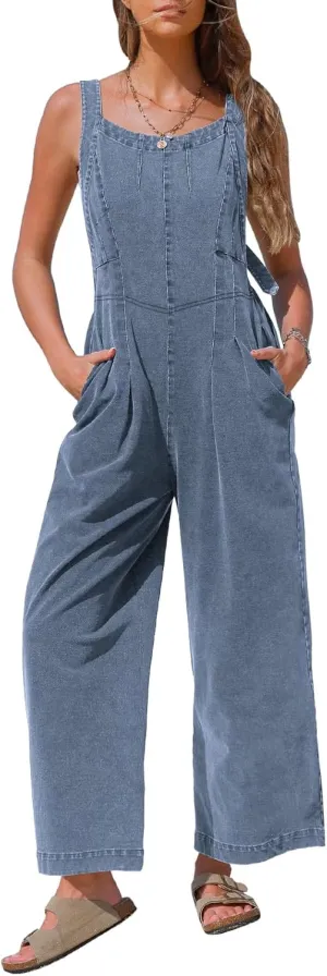 EXLURA Women Summer Overalls Denim Loose Fit Wide Leg Bib Jumpsuits Casual Adjustable Baggy Jeans Romper with Pockets 2025