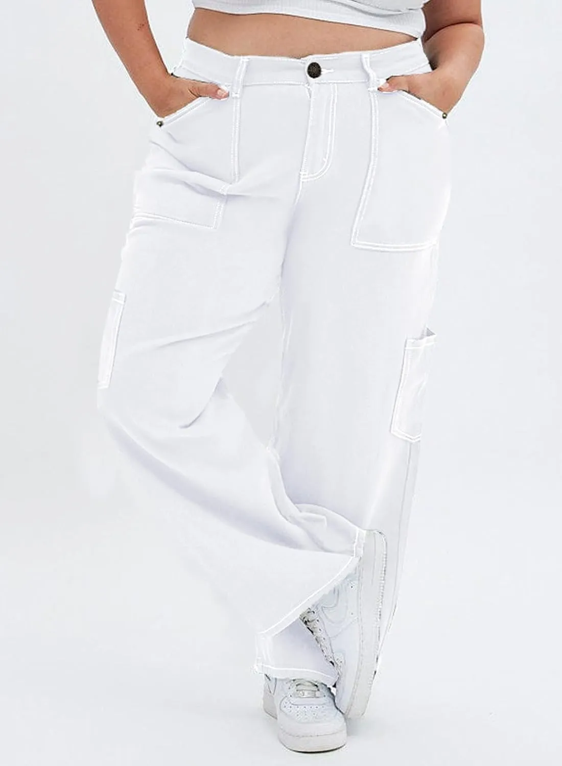 Eytino Womens Plus Size Cargo Pants High Waisted Stretch Wide Leg Baggy Pants Casual Trousers with Pockets(1X-5X)