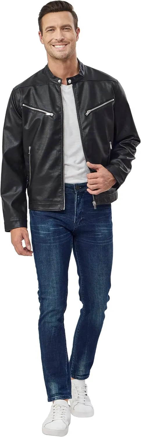 Fahsyee Faux Leather Jacket Men - Black Bomber Jackets Motorcycle Stand Collar Lightweight Zip-Up Slim Fit Biker Coat