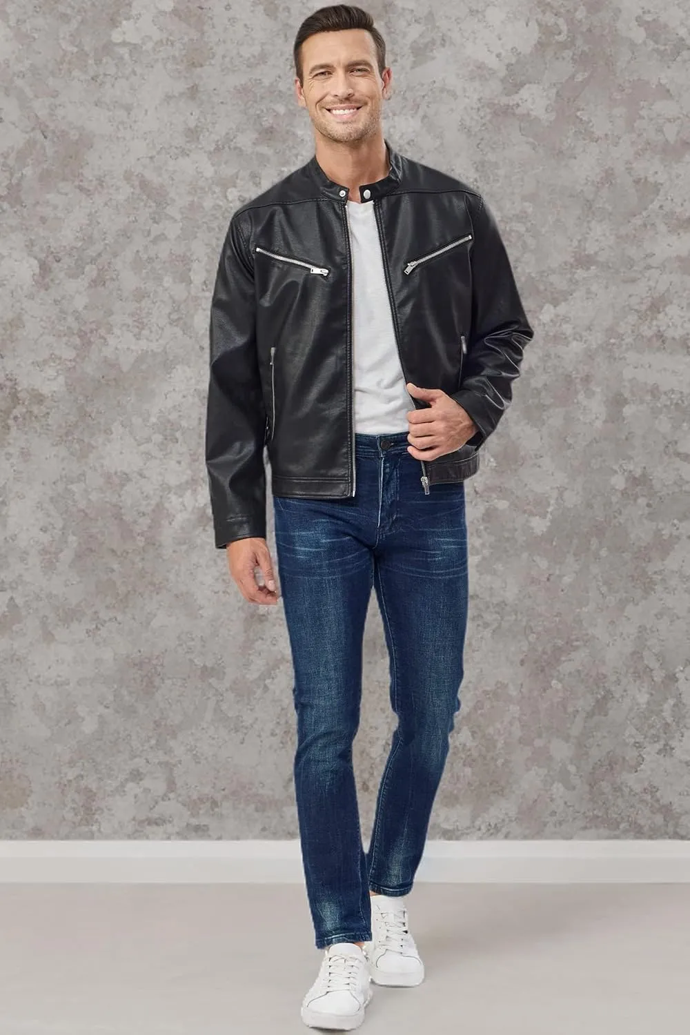 Fahsyee Faux Leather Jacket Men - Black Bomber Jackets Motorcycle Stand Collar Lightweight Zip-Up Slim Fit Biker Coat