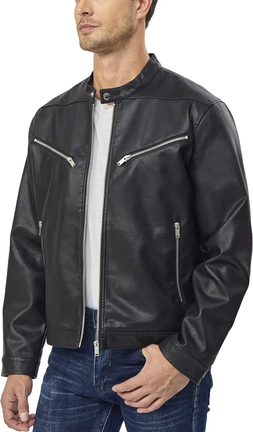 Fahsyee Faux Leather Jacket Men - Black Bomber Jackets Motorcycle Stand Collar Lightweight Zip-Up Slim Fit Biker Coat