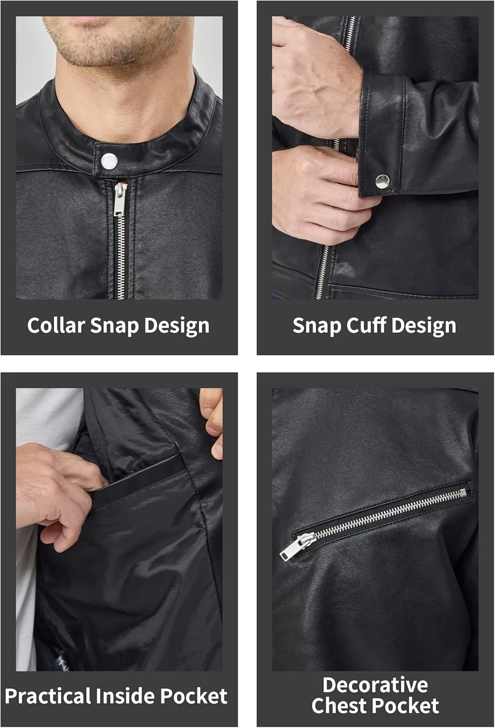 Fahsyee Faux Leather Jacket Men - Black Bomber Jackets Motorcycle Stand Collar Lightweight Zip-Up Slim Fit Biker Coat