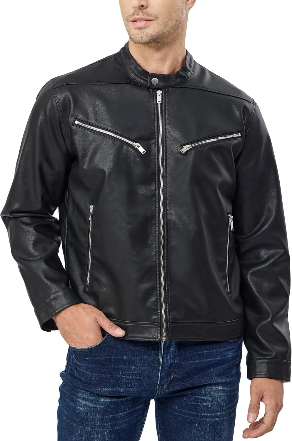 Fahsyee Faux Leather Jacket Men - Black Bomber Jackets Motorcycle Stand Collar Lightweight Zip-Up Slim Fit Biker Coat