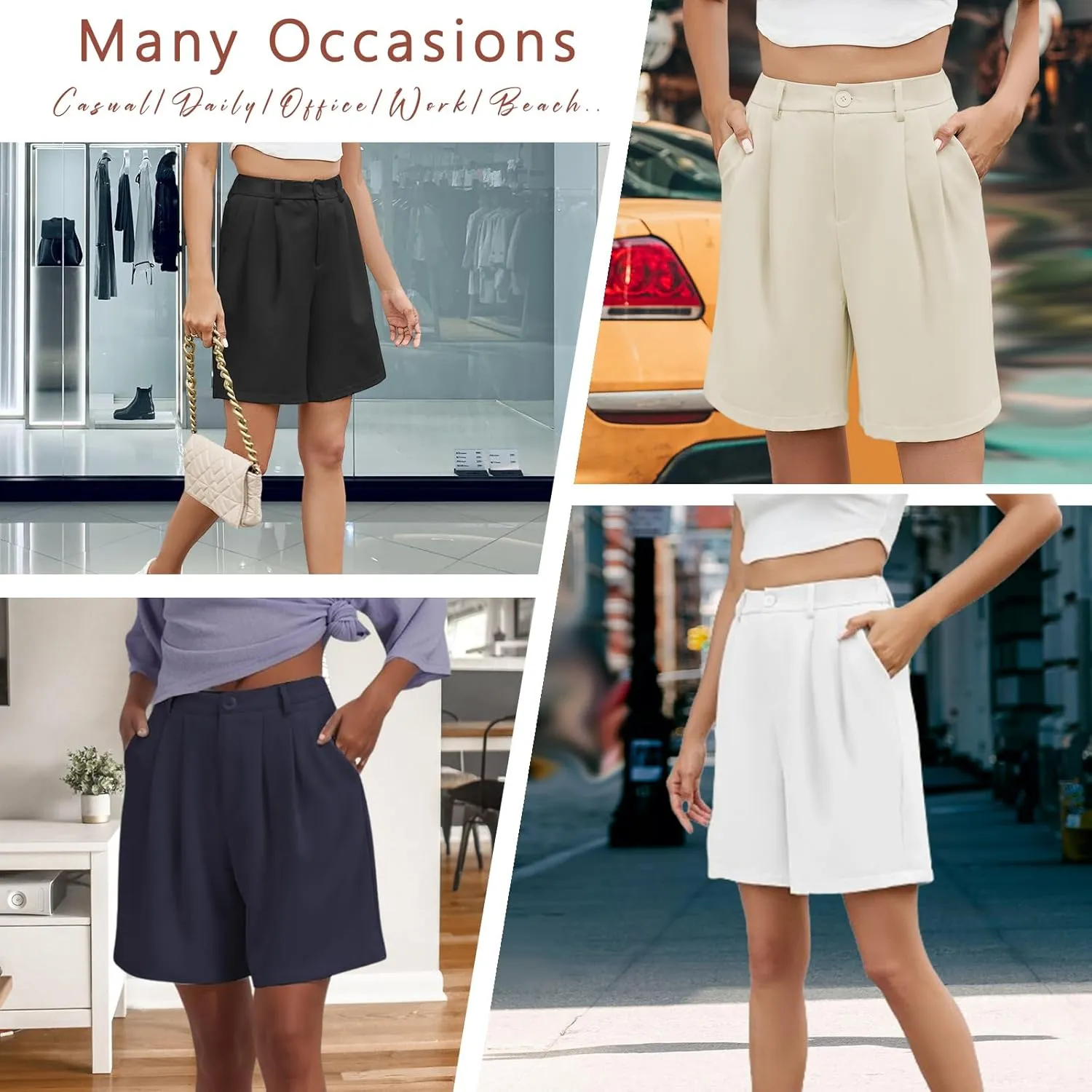 Famulily Womens Pleated Bermuda Shorts for Summer Casual High Waisted Wide Leg Shorts with Pockets