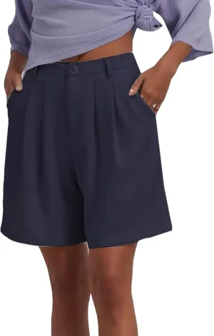 Famulily Womens Pleated Bermuda Shorts for Summer Casual High Waisted Wide Leg Shorts with Pockets