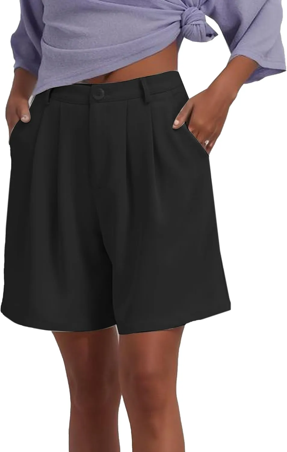 Famulily Womens Pleated Bermuda Shorts for Summer Casual High Waisted Wide Leg Shorts with Pockets