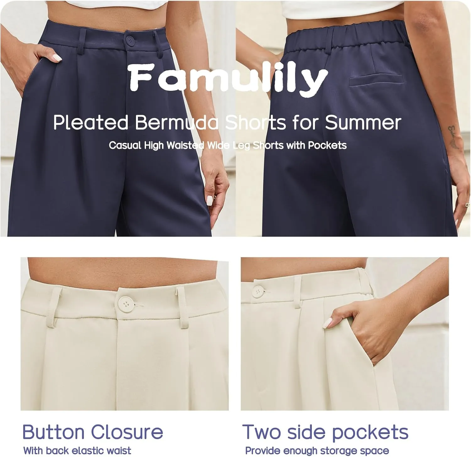 Famulily Womens Pleated Bermuda Shorts for Summer Casual High Waisted Wide Leg Shorts with Pockets