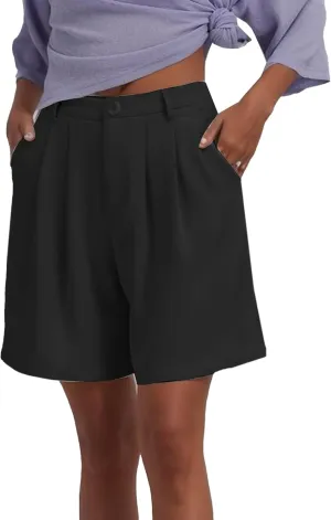 Famulily Womens Pleated Bermuda Shorts for Summer Casual High Waisted Wide Leg Shorts with Pockets