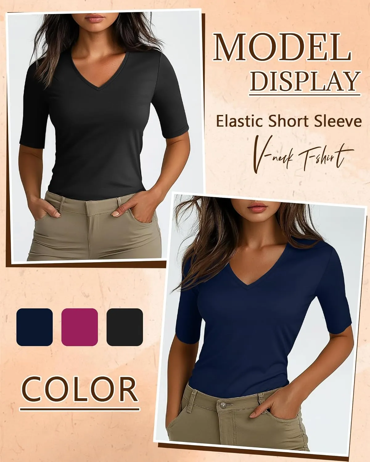 Ficerd 3 Pack Women's Half Sleeve V Neck T Shirts, Cotton Elbow Length Sleeve Shirt Slim Fit Tunic Top Casual Summer Tee