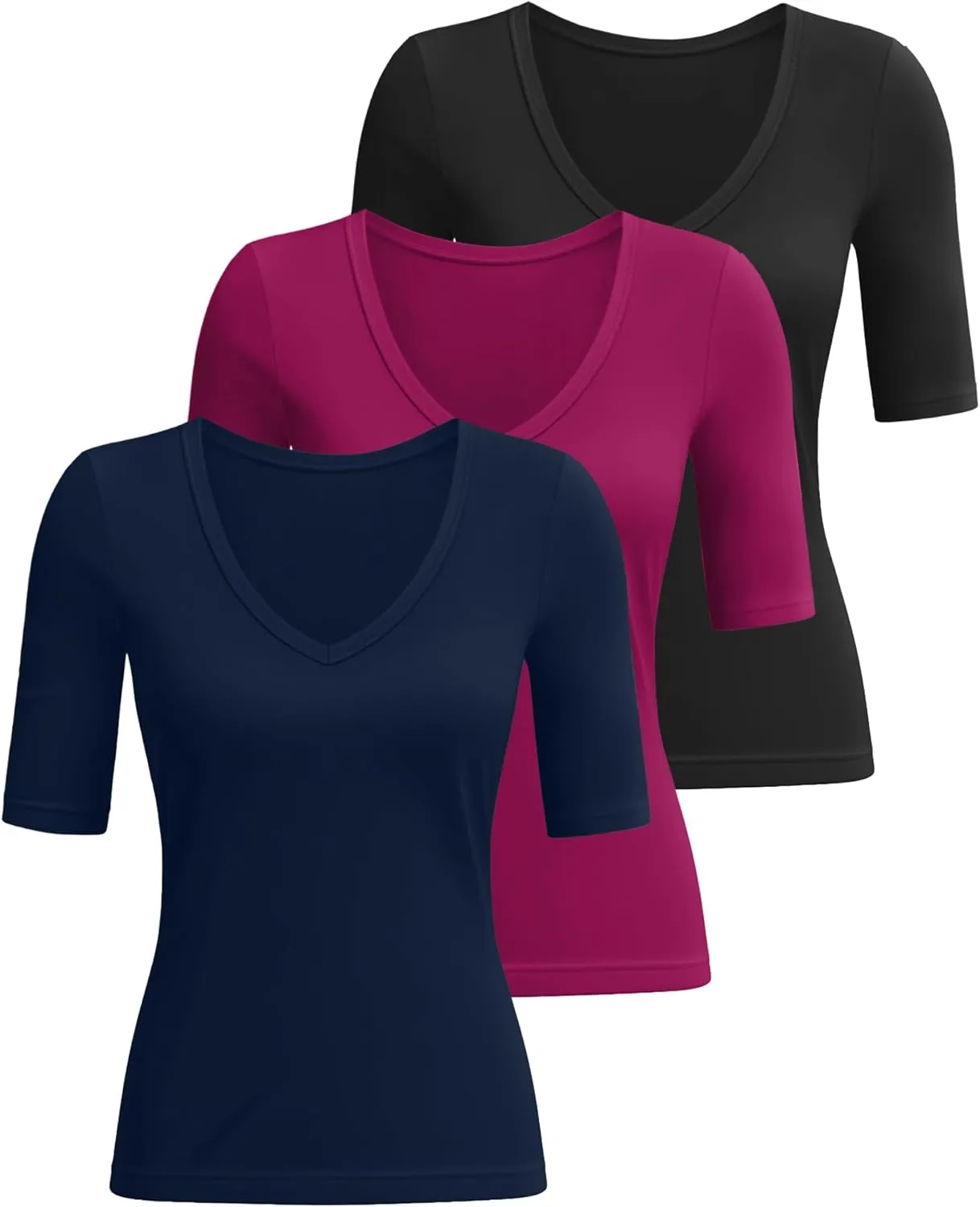 Ficerd 3 Pack Women's Half Sleeve V Neck T Shirts, Cotton Elbow Length Sleeve Shirt Slim Fit Tunic Top Casual Summer Tee