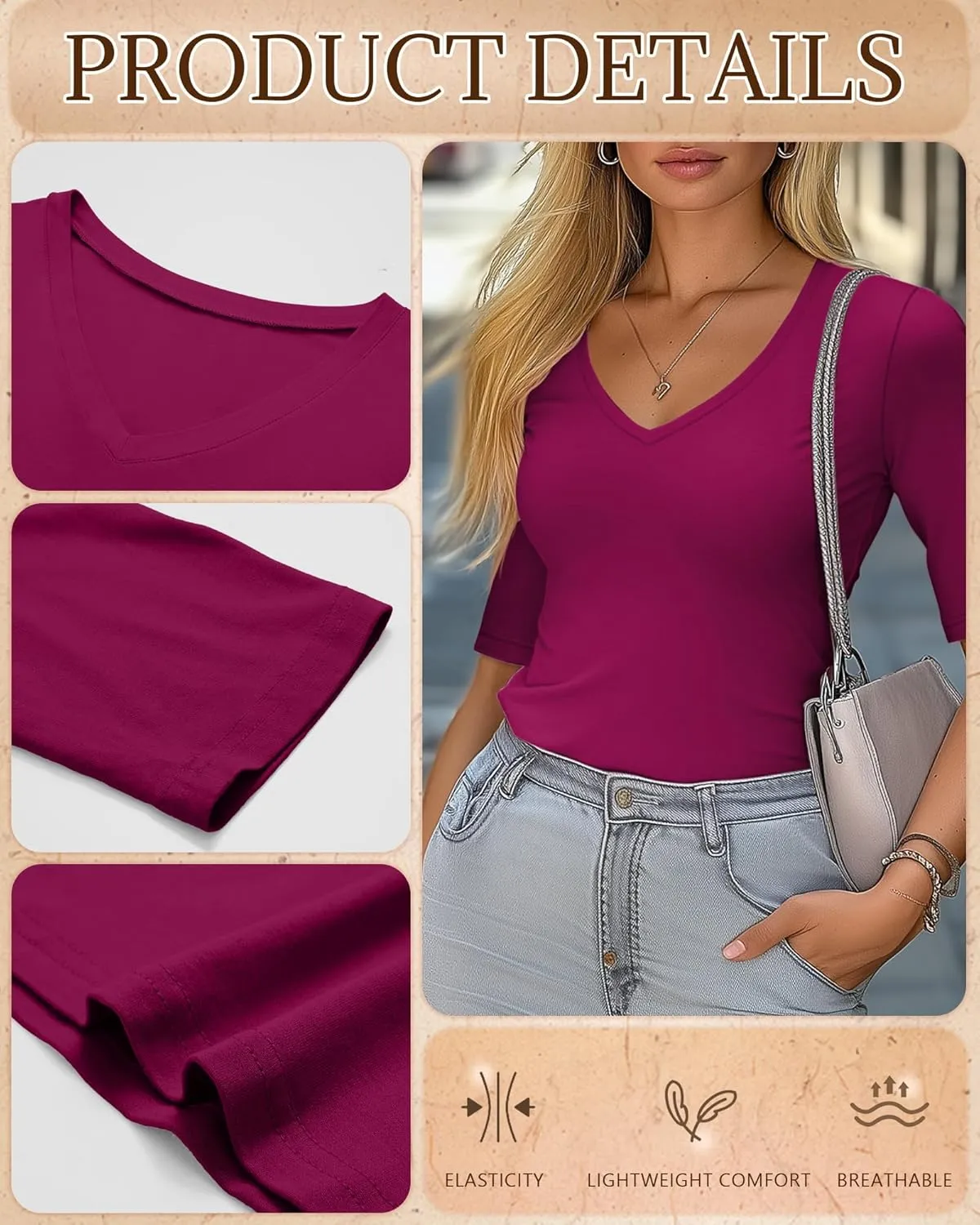 Ficerd 3 Pack Women's Half Sleeve V Neck T Shirts, Cotton Elbow Length Sleeve Shirt Slim Fit Tunic Top Casual Summer Tee