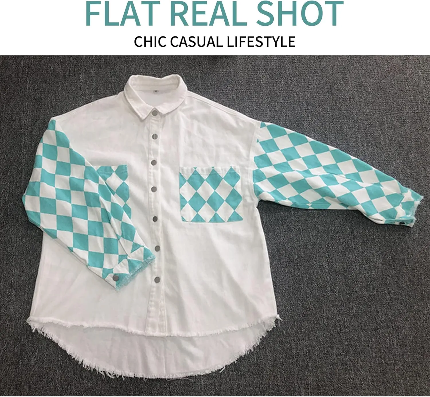 Flygo Womens Plaid Contrast Denim Jackets Oversized Distressed Long Sleeve Button Up Jean Shacket Jacket