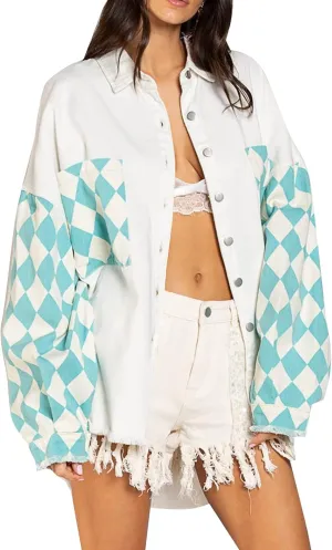 Flygo Womens Plaid Contrast Denim Jackets Oversized Distressed Long Sleeve Button Up Jean Shacket Jacket