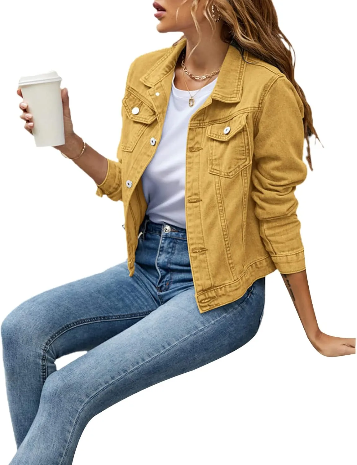 FOMOYUU Women's Cropped Denim Jacket Button Down Long Sleeve Vintage Casual Jean Coat Classic Trucker Jacket Outerwear