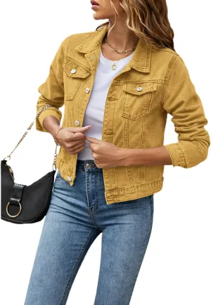 FOMOYUU Women's Cropped Denim Jacket Button Down Long Sleeve Vintage Casual Jean Coat Classic Trucker Jacket Outerwear
