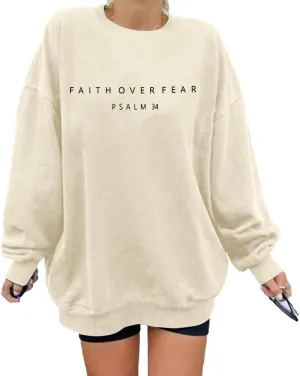 FRYAID Christian Sweatshirt Women Faith Over Fear Christian Religious Sayings Pullover Shirt Letter Print Long Sleeve Tops
