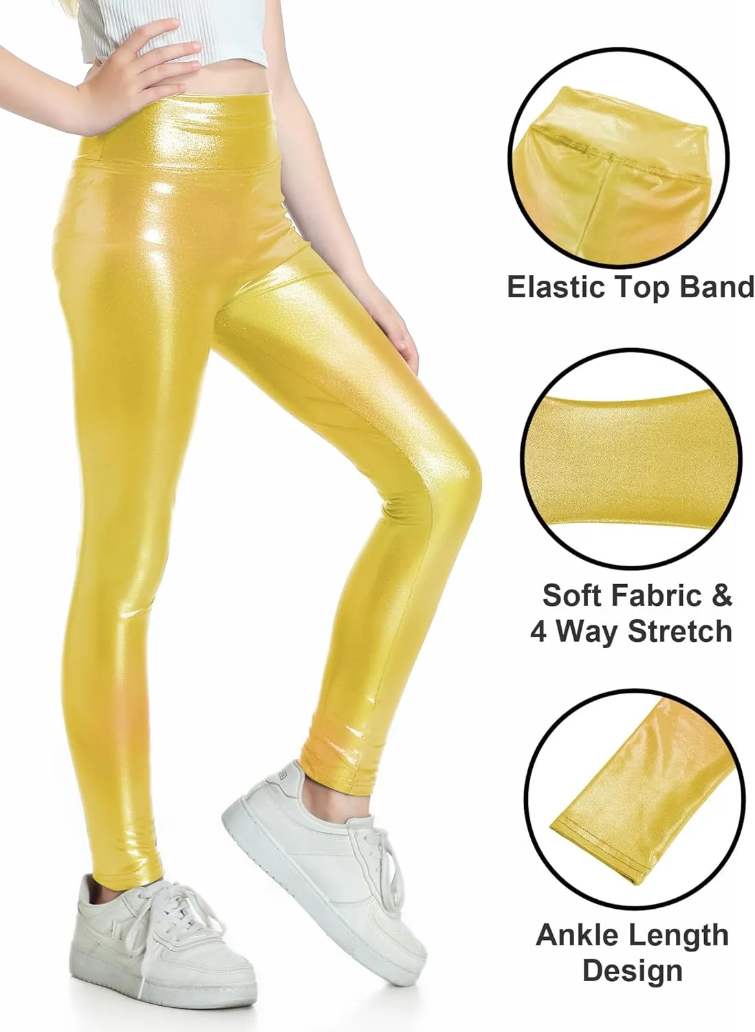 Girls Metallic Active Leggings Size 4-14 Years Shiny Sparkly Mystique Stretch Ankle Length for Kids Youth Teen