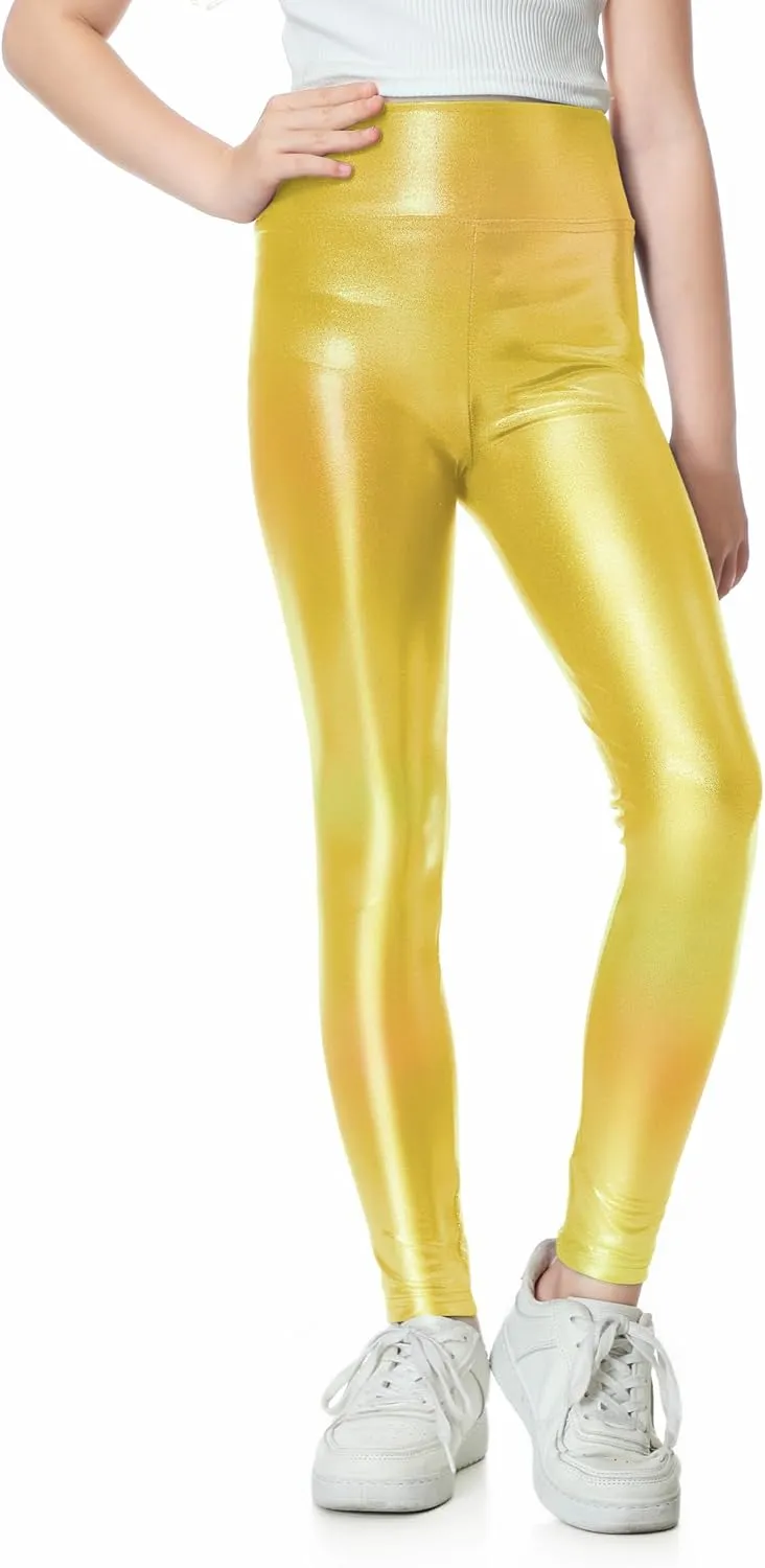 Girls Metallic Active Leggings Size 4-14 Years Shiny Sparkly Mystique Stretch Ankle Length for Kids Youth Teen